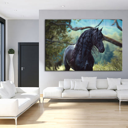 Canvas Artwork of a Black Horse in the Forest