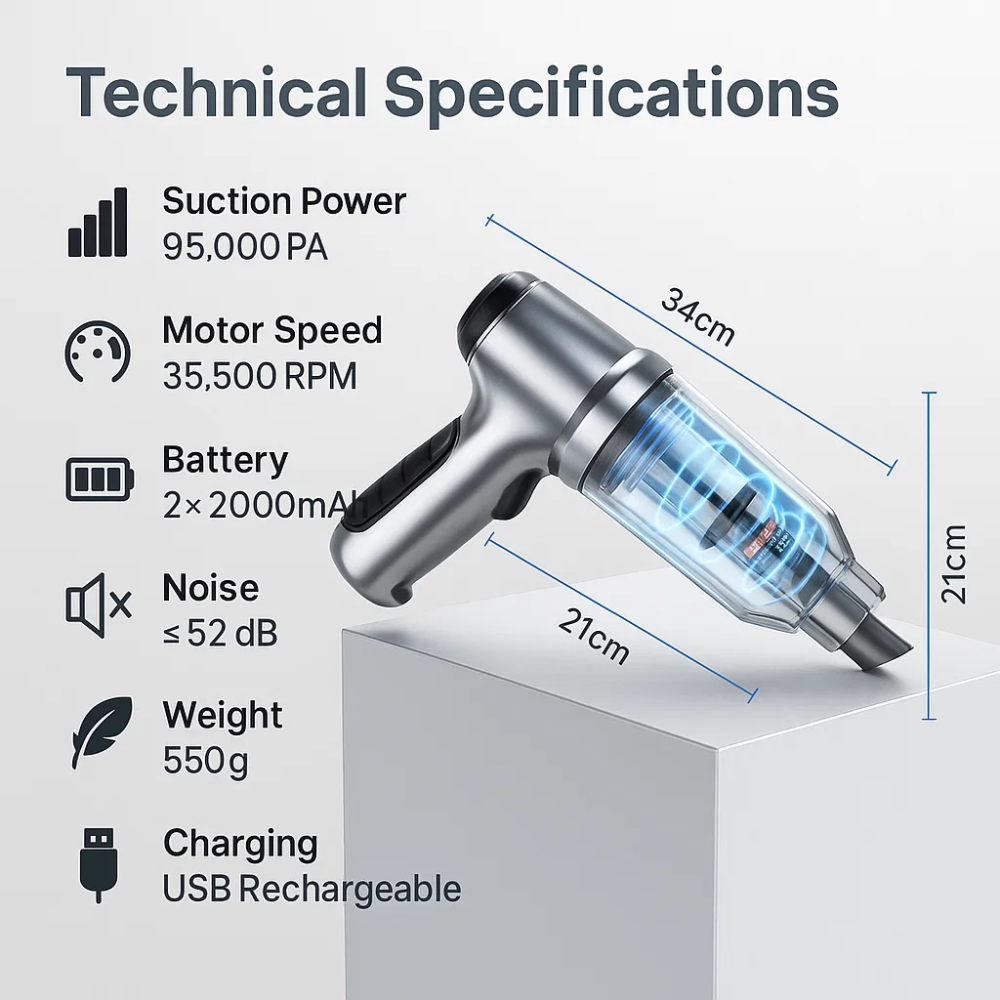 Compact Cordless Car Vacuum with Powerful Suction and Attachments