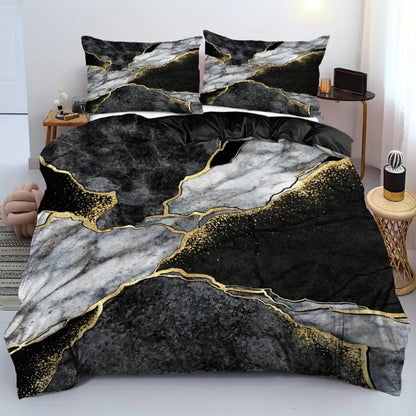 Luxurious Marble-Inspired Quilt Cover Set with Gold Accents