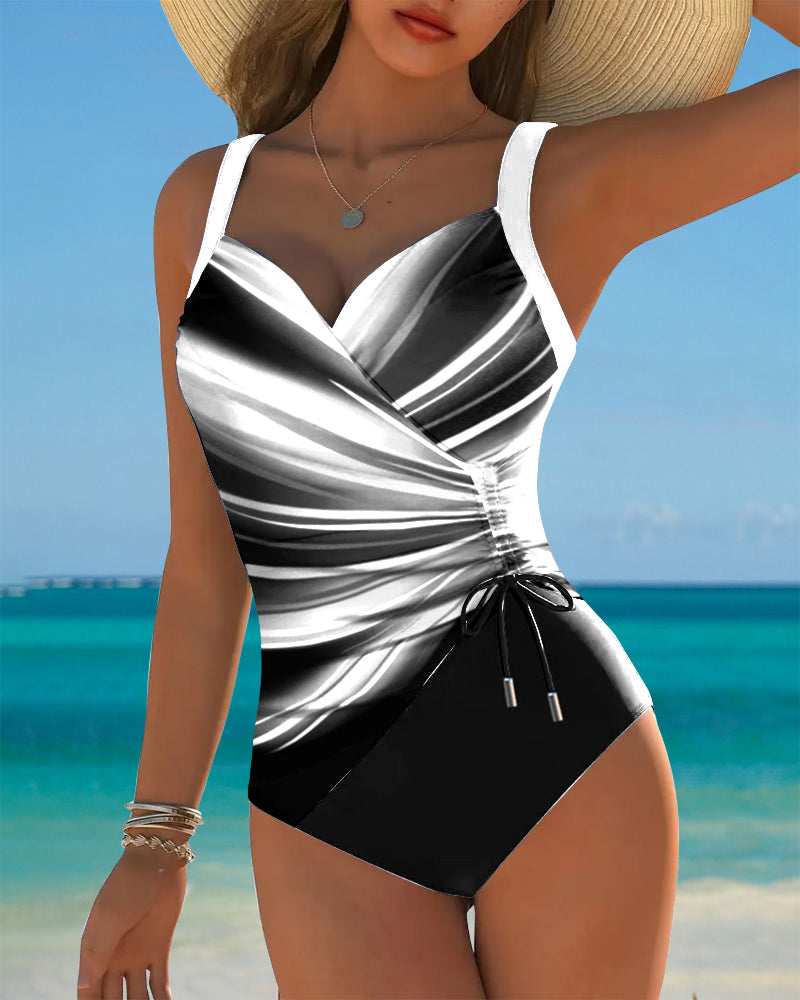 One-Piece Swimsuit with Lace-Up Details and Contrasting Color Accents