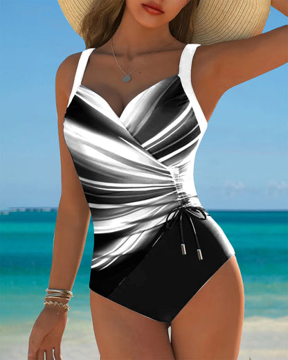 One-Piece Swimsuit with Lace-Up Details and Contrasting Color Accents
