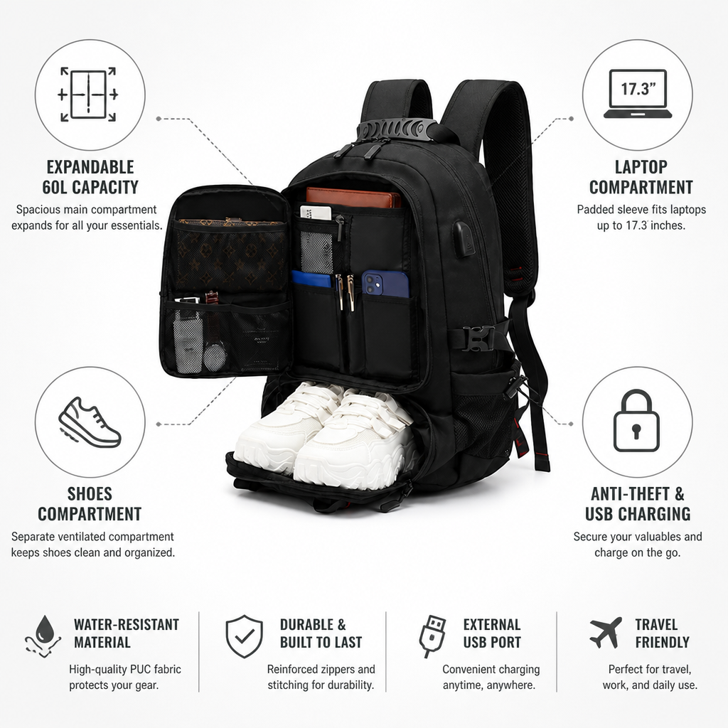 Spacious 60L Smart Travel Backpack with USB Charging