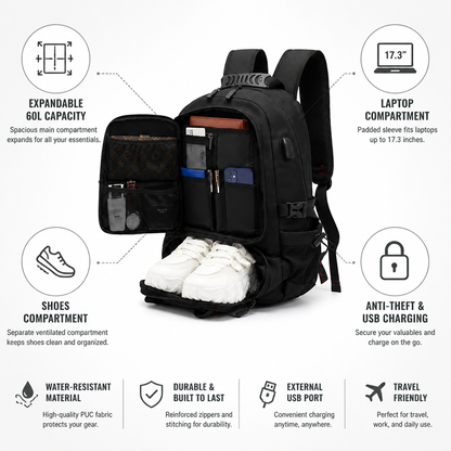 Spacious 60L Smart Travel Backpack with USB Charging