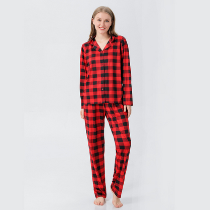 Red Checkered Family Matching Christmas Pajamas with Stand-Up Collar