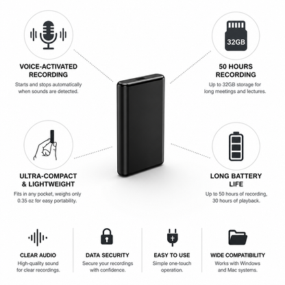 Smart Voice Recorder with Automatic Activation and 50-Hour Capacity