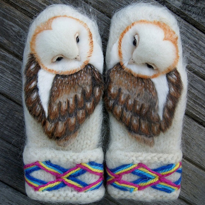 Wool Nordic Gloves with Owl Design - Handknitted