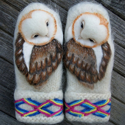 Wool Nordic Gloves with Owl Design - Handknitted