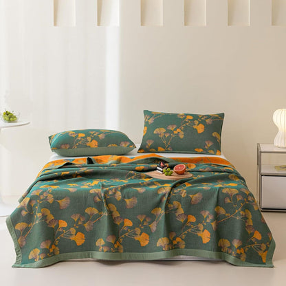 Elegant Reversible Coverlet with Ginkgo Leaf Design