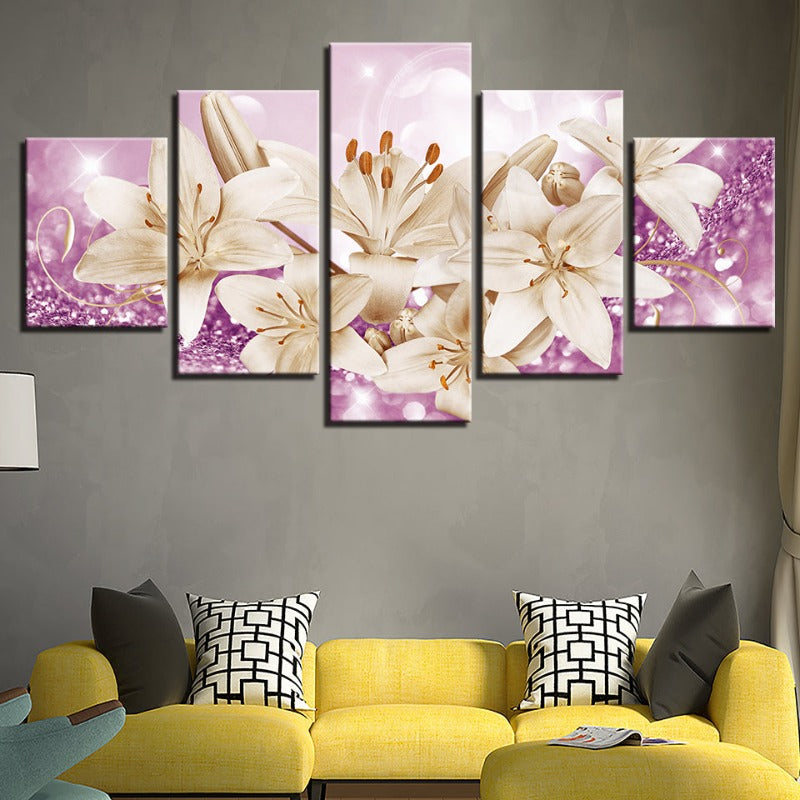 5-Piece Canvas Wall Art Featuring Bedazzled Rose Gold Lilies
