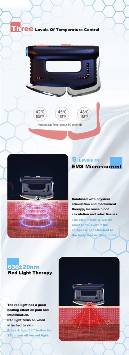 Fascia Scraping Tool with Gua Sha | Microcurrent Massager, Heat & Red Light