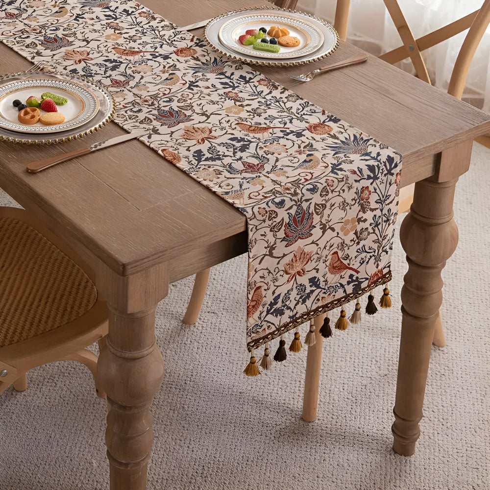 Charming Jacquard Table Runner with Floral and Bird Motifs