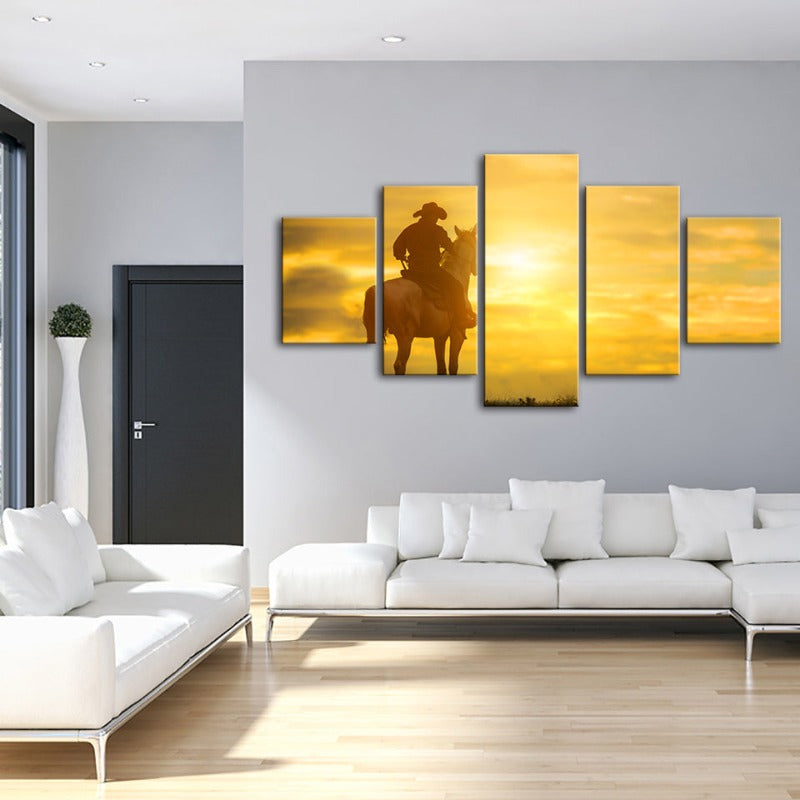 5-Piece Canvas Art Set: Cowboy and Horse at Sunset
