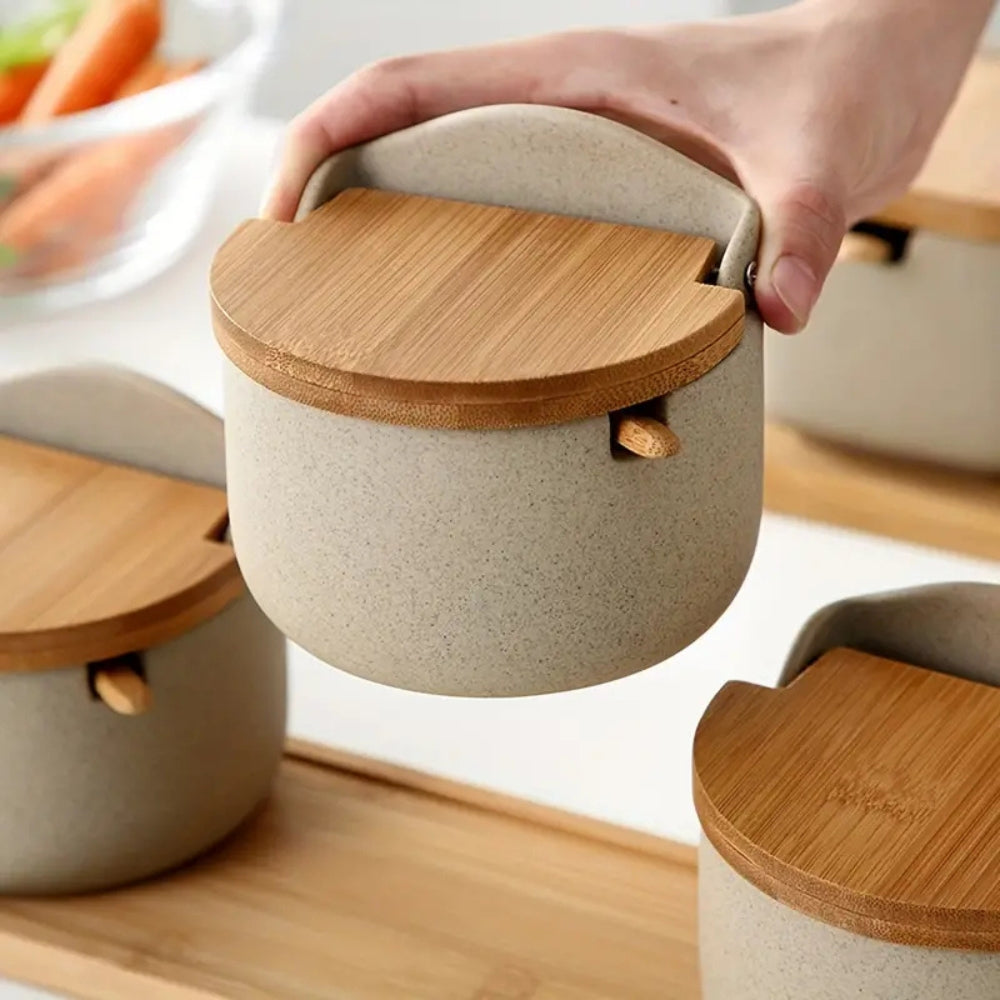 Elegant Bamboo and Ceramic Spice Storage Duo