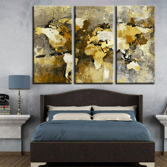 Abstract Yellow and Brown World Map Canvas Art Set of 3 Panels