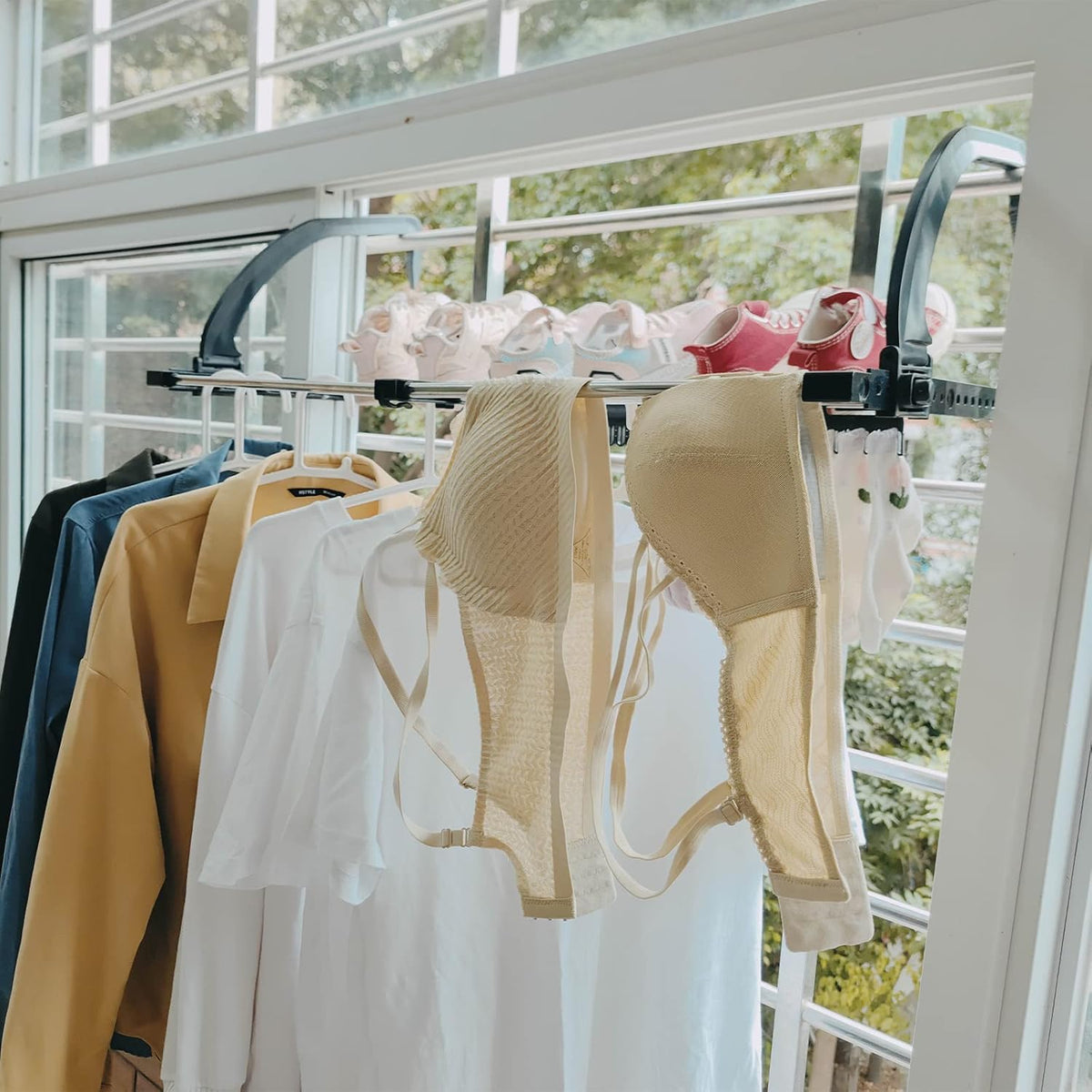 Retractable Drying Rack for Balcony - Portable with Sock Holders