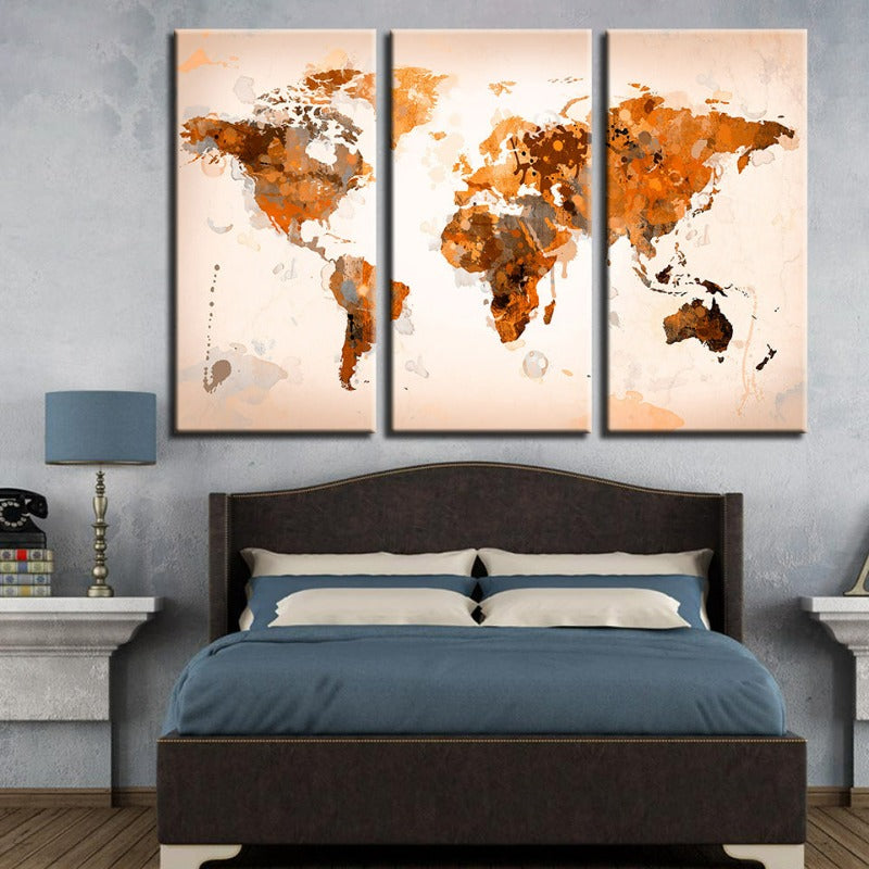 Set of 3 Abstract Canvas Wall Art - Brown World Map Design