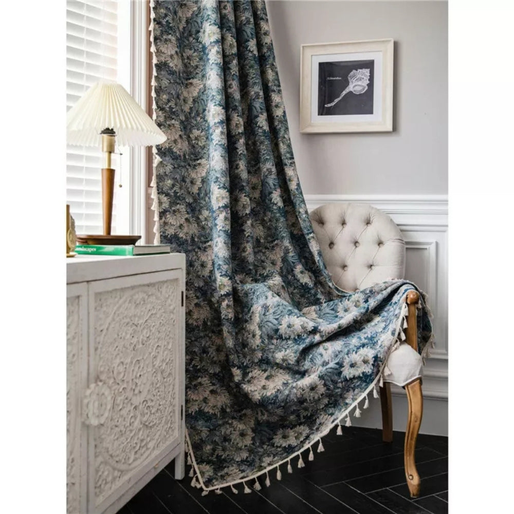 Elegant Navy Blossom Tassel Drapes for a Chic Home