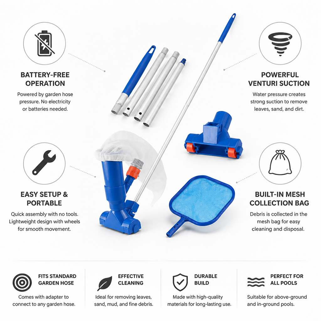 Garden Hose-Powered Pool Cleaner with 5-Piece Pole & Mesh Bag