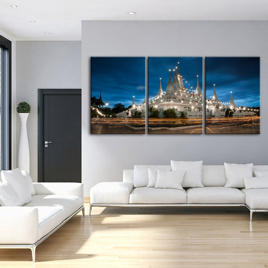 Set of 3 Canvas Wall Art Paintings – Serene Temple at Night