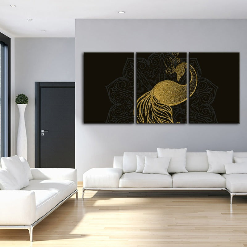 Tranquil Golden Peacock Mandala - 3-Piece Canvas Art Set