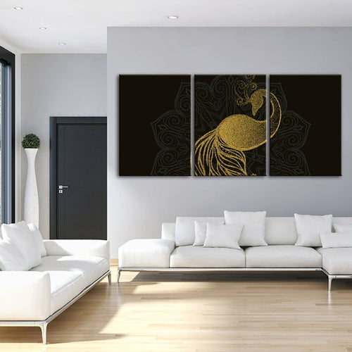 Tranquil Golden Peacock Mandala - 3-Piece Canvas Art Set