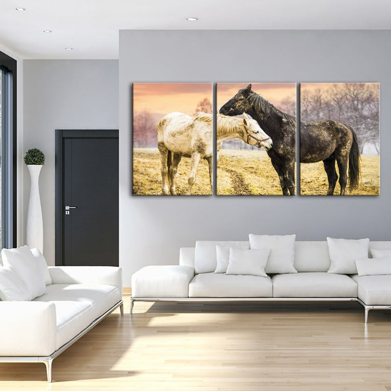Set of 3 Canvas Wall Art Paintings – Black and White Horses