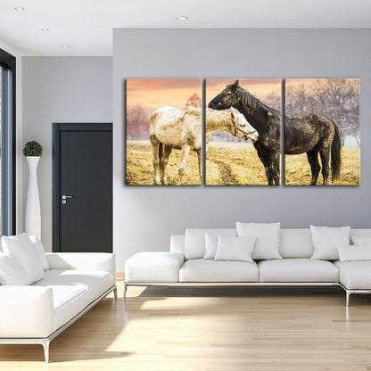 Set of 3 Canvas Wall Art Paintings – Black and White Horses