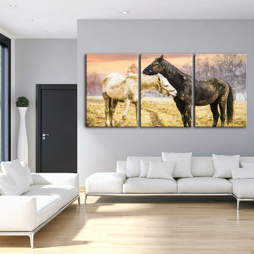 Set of 3 Canvas Wall Art Paintings – Black and White Horses