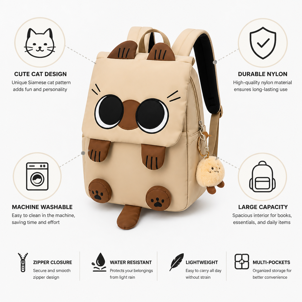 Spacious Cat-Themed Nylon Backpack – Easy to Clean & Stylish