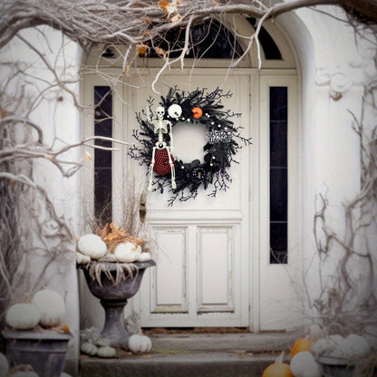 Halloween Wreath with Skeleton and Pumpkin – Festive Door Decor