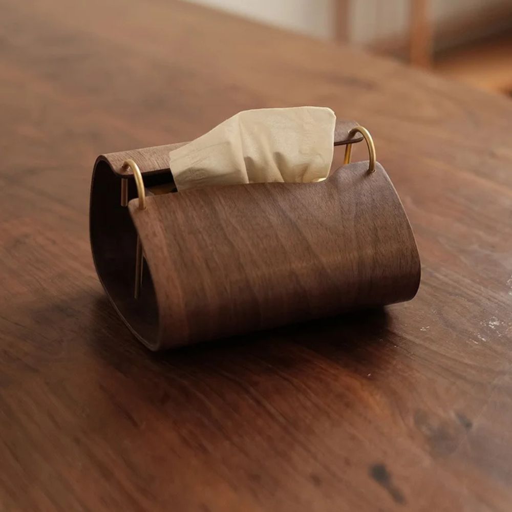 Elegant Walnut Tissue Dispenser with Brass Detailing