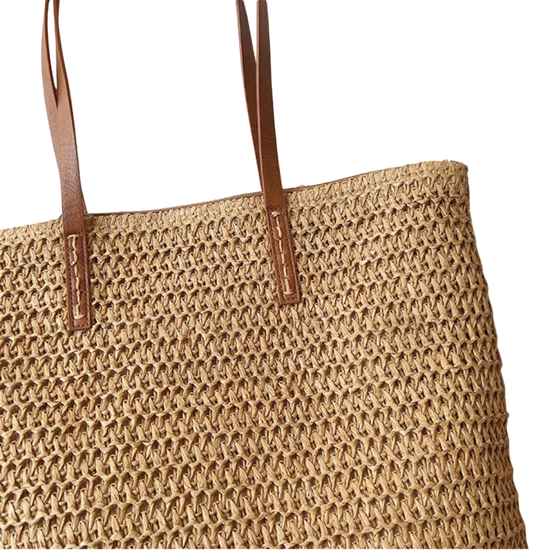 Women's Leather-Handled Wicker Tote Bag