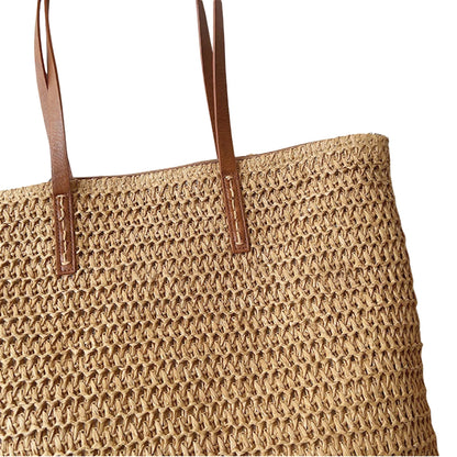 Women's Leather-Handled Wicker Tote Bag