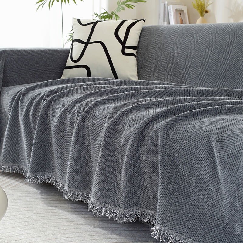 Chenille Herringbone Blanket with Tassels for Sofa
