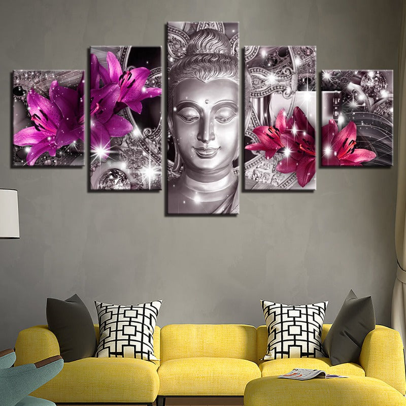 Stunning 5-Piece Canvas Art - Serene Buddha with Floral Touch