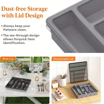 Cutlery Organizer with Lid | 6 Compartments | PP Plastic | 32x30x5.4 cm