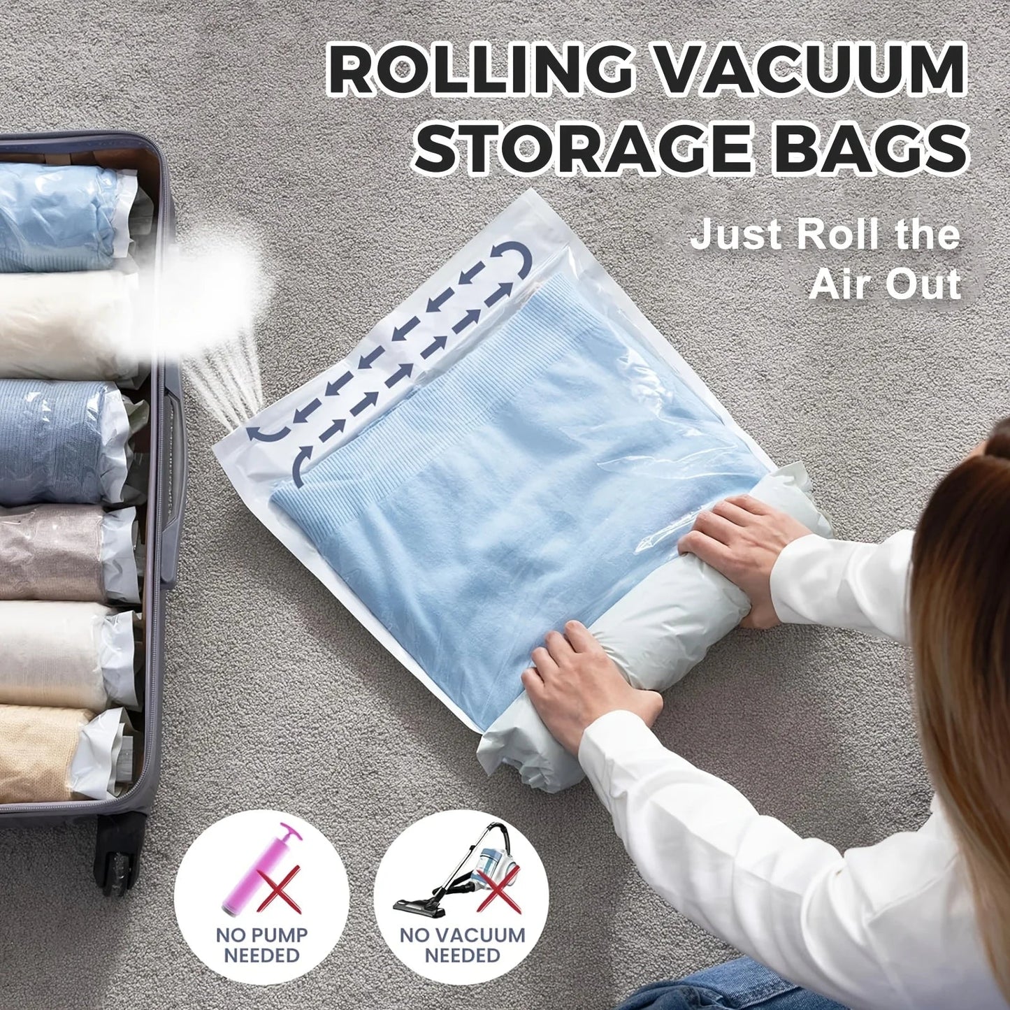 Travel Compression Bag Set | Rolling Vacuum Bags Without Pump | 2-Pack Space-Saving Luggage Organizer