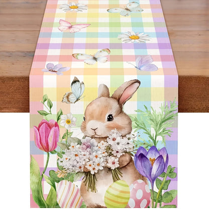 Spring Awakening Table Runner with Easter Bunnies & Butterflies | Linen Fabric | Spring Decor 150x33–200x33 cm