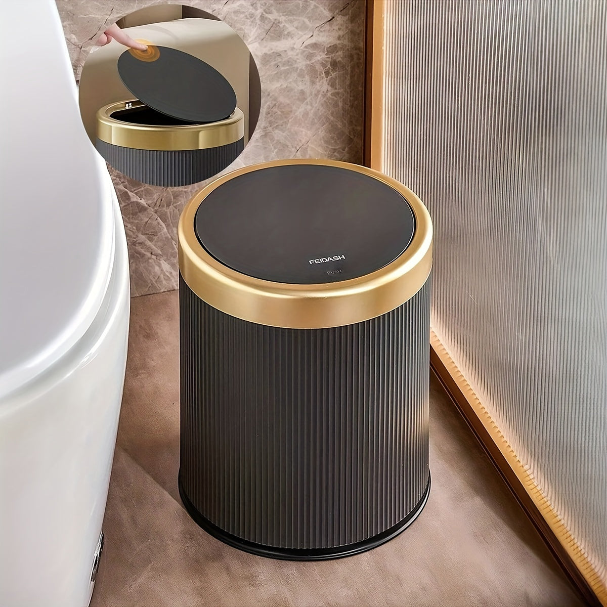 Oval Waste Bin with Gold Lid - Press Top Bathroom Trash Can
