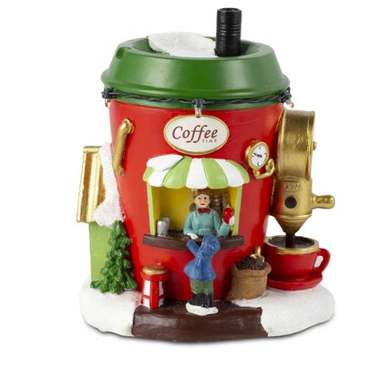North Pole Coffee House Christmas Village with LED Lights and Figures | Handmade Resin Decorative House | Battery Operated 5.1×3.9×6.1 inches