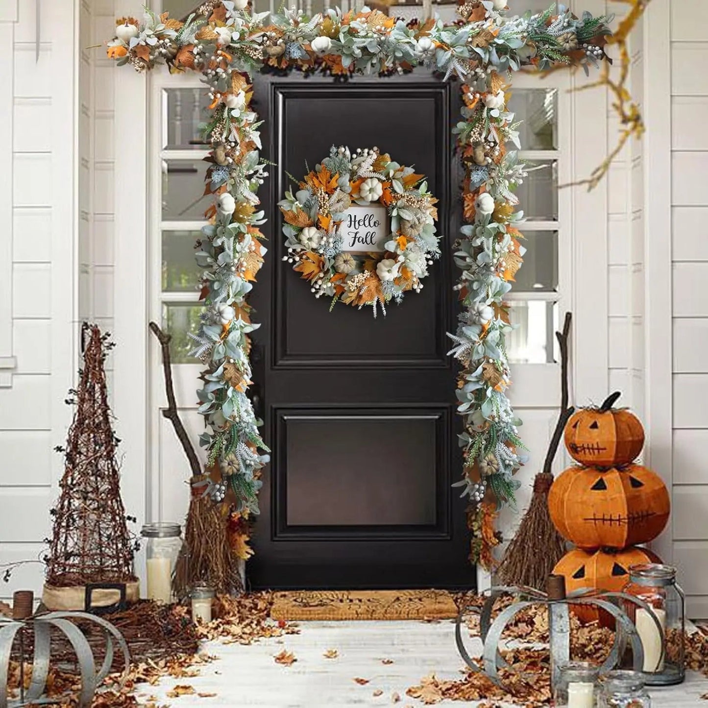 Handcrafted Autumn Wreath for Halloween – Door Decoration with Pumpkins and Eucalyptus