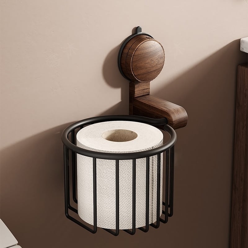 Drill-Free Toilet Paper Holder in Walnut Wood - Suction Cup Design