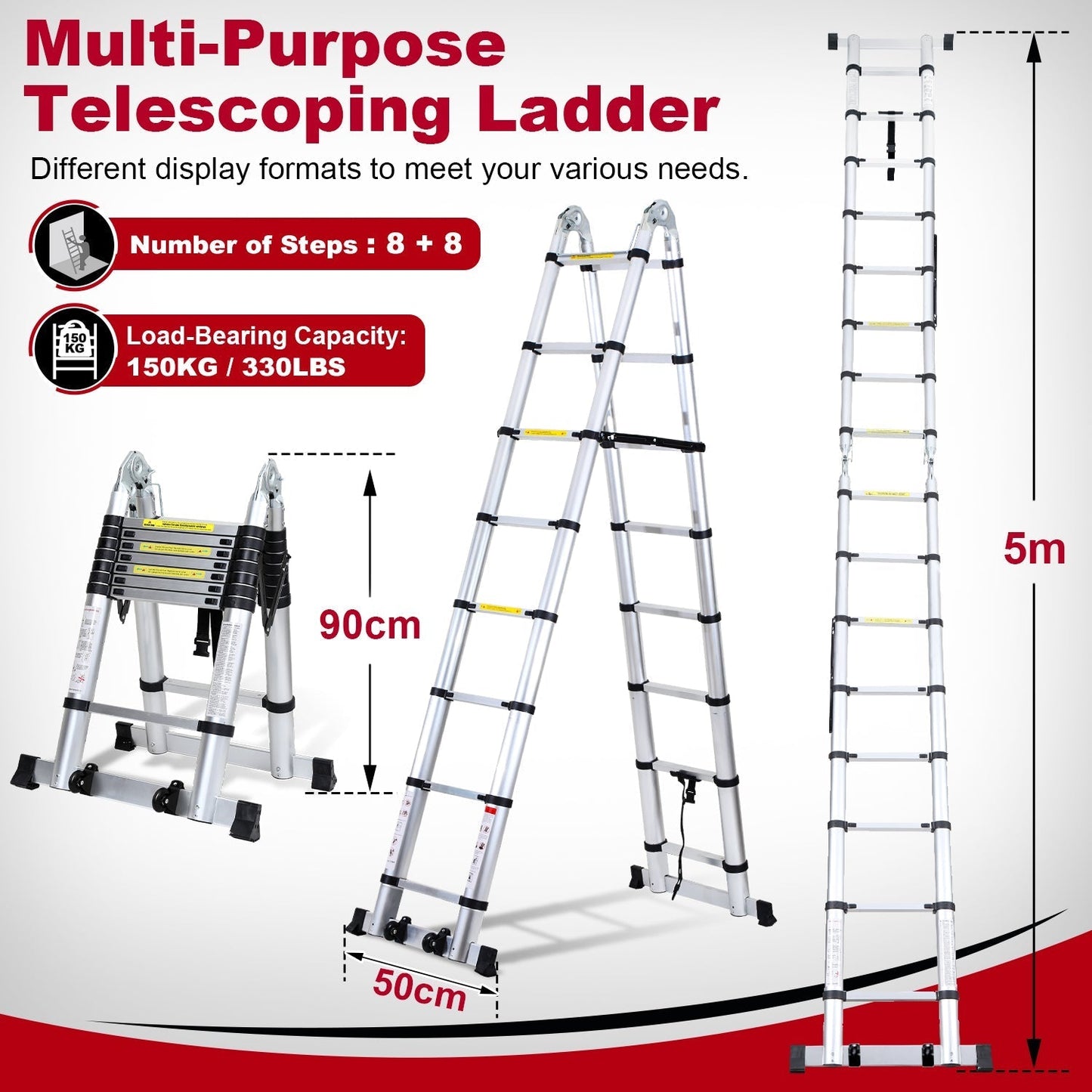 Folding Telescopic Ladder 5M with Wheels and Triangle Stabilizer