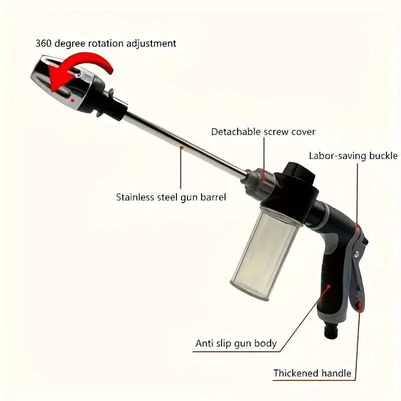 High-Pressure Garden Hose Nozzle with Foam Cannon and Extended Handle