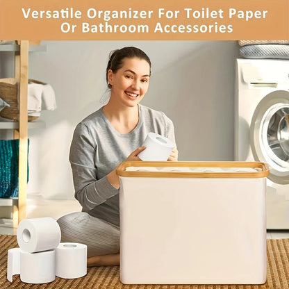 Foldable Bamboo Bathroom Organizer with Basket | Toilet Paper Holder