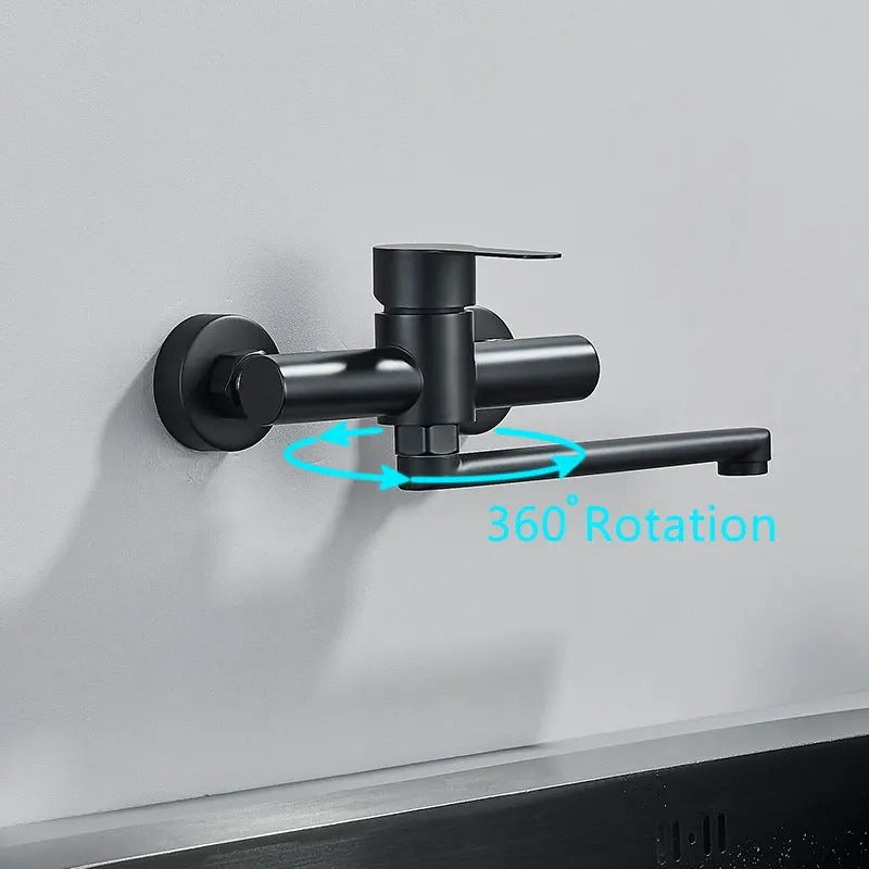Wall-Mounted 360° Swivel Faucet with Dual Handles for Hot and Cold Water