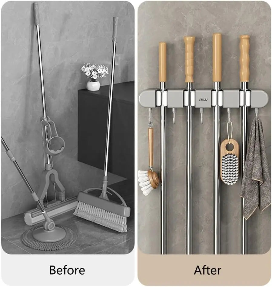 Smart Wall Organizer for Brooms & Mops | 4 Grip Clips + 5 Hooks | No-Drill Adhesive Mount
