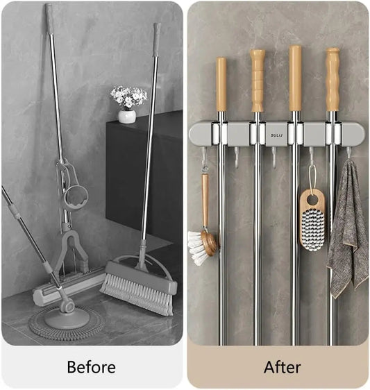 Smart Wall Organizer for Brooms & Mops | 4 Grip Clips + 5 Hooks | No-Drill Adhesive Mount