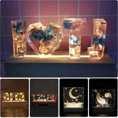 Rectangular LED Night Light with Wooden Base | USB Powered | Acrylic and Resin Display