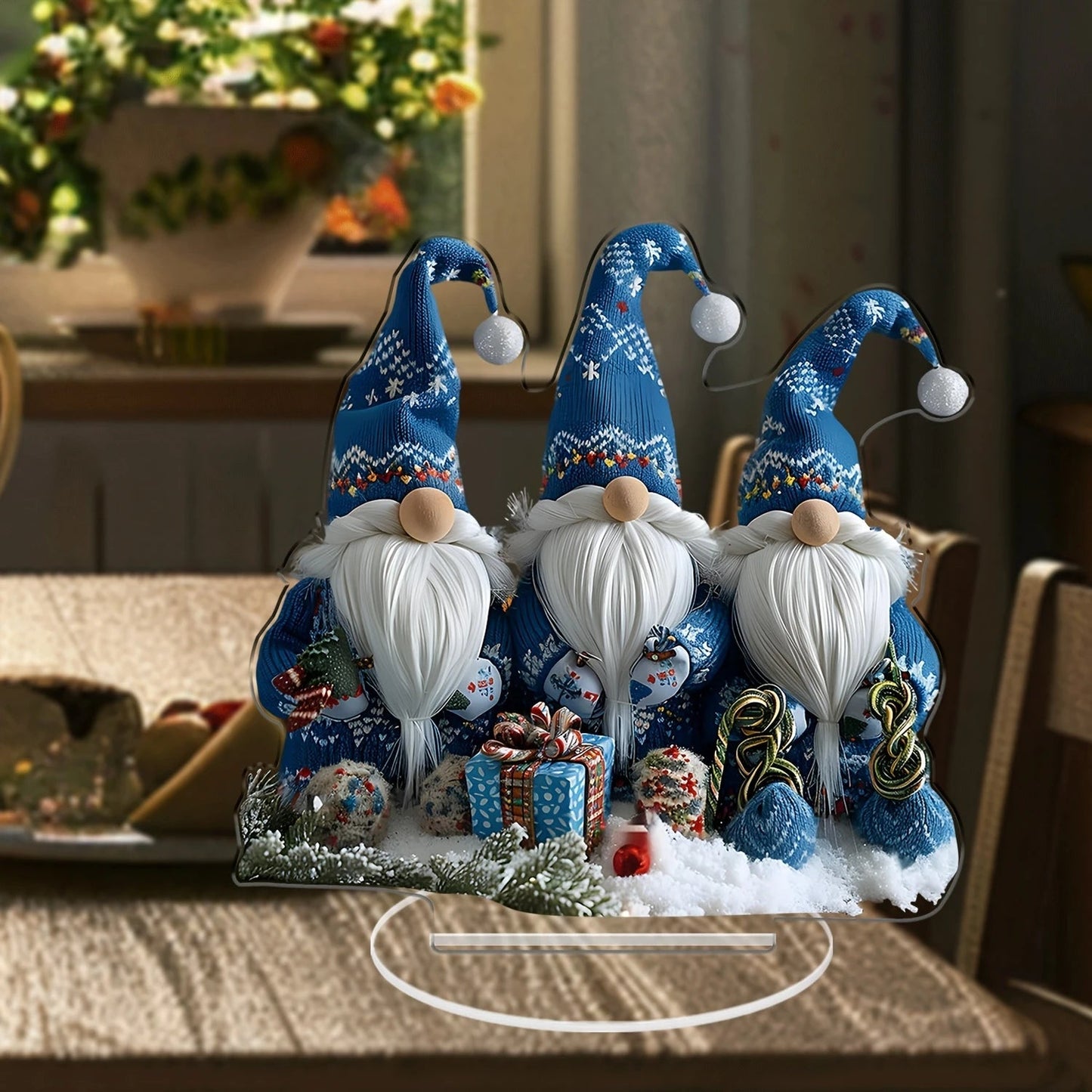 Set of 3 Blue Christmas Gnome Figurines | 18 cm Acrylic Table Decor for Living Room, Kitchen & Office